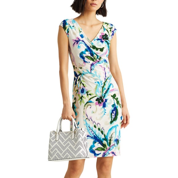Lauren Ralph Lauren Paisley Floral Pleated Jersey Dress Multicolored 8 Office - Picture 1 of 13